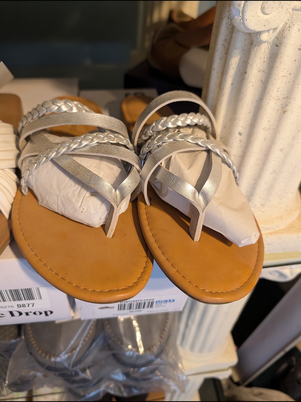 Women’s Metallic Silver Braided Toe-Loop Sandals